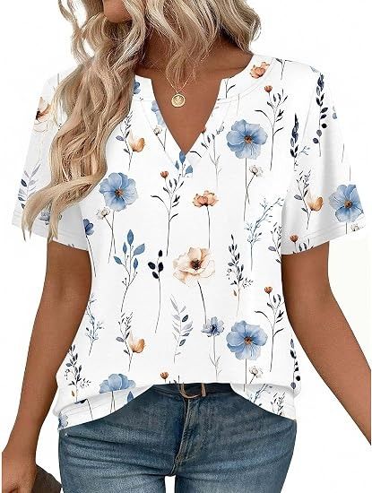 White Floral Short Sleeve V-Neck Blouse image 3